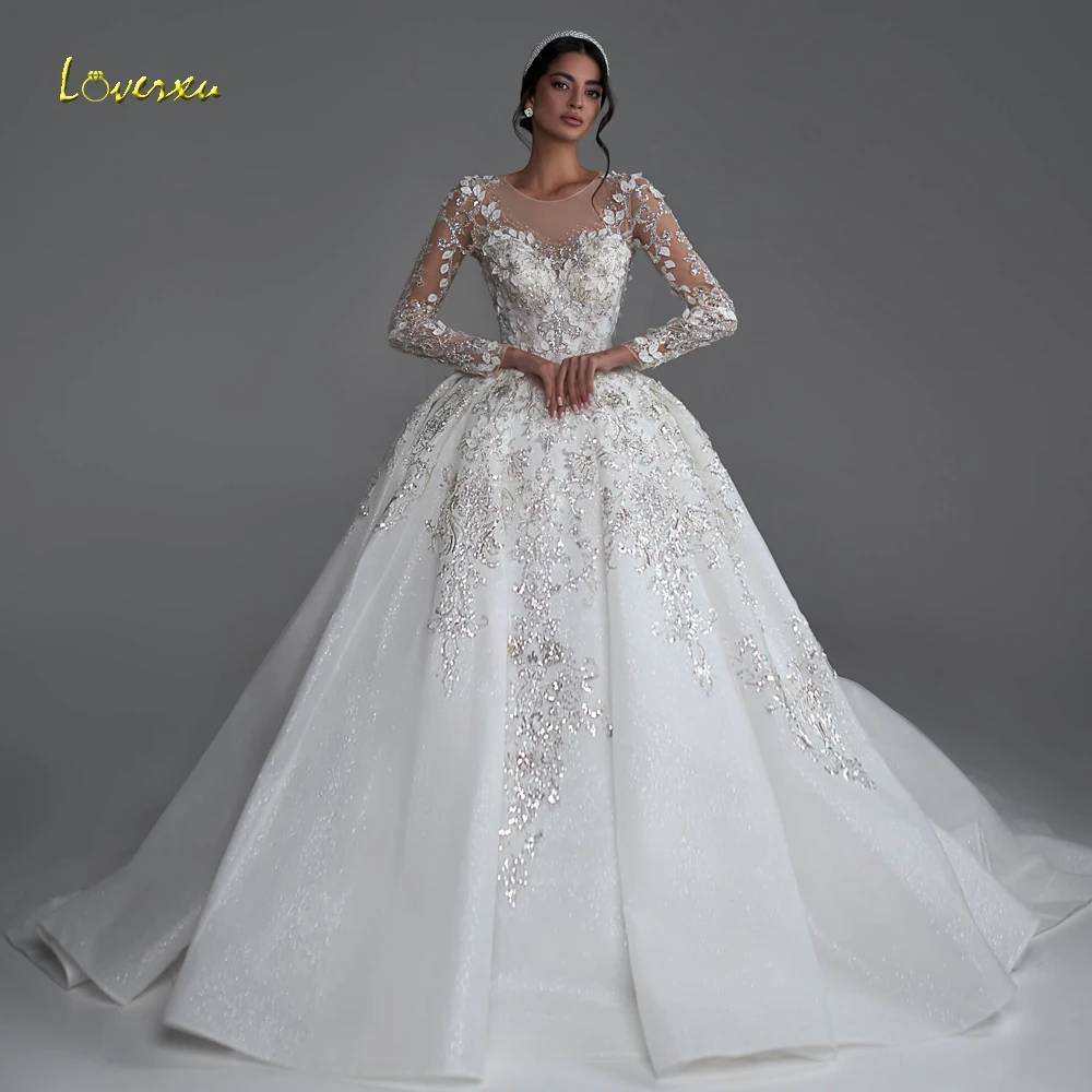 Loverxu Luxury Princess Wedding Dresses 2022 O-Neck Long Sleeve Robe De Mariee Glitter Lace Beaded Ball Gown Vestido De Novia