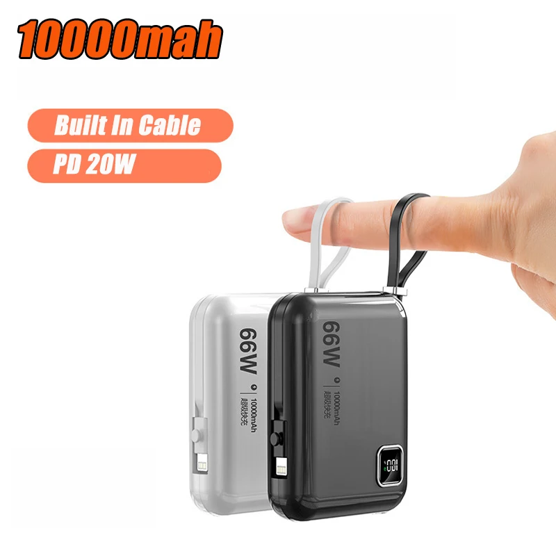 

10000mah Mini Power Bank With Cable Portable PD20W Fast Charge External Battery Charger Powerbank For iPhone Xiaomi Huawei Phone