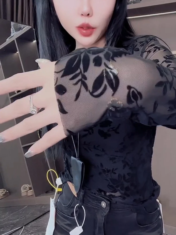 Осень 2024 новая тонкая сексуальная кружевная рубашка с длинными рукавами женская