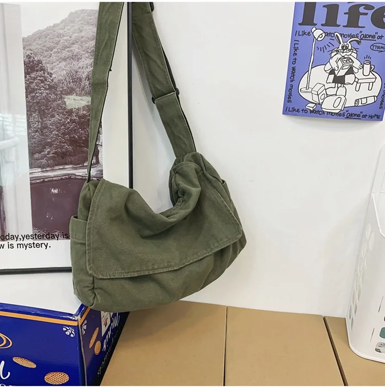 Female Canvas Fabric Hobo Soft Slouchy Shoulder Bag Y2K Student Leisure Medium Size School Book Laptop Pouch Messenger Side Bag
