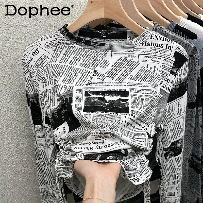 

Fashion Solid Retro Letter Print Tshirt Women Slim Bottoming Blouse Top Inner Wear Long Sleeve T-shirt 2022 Spring Fall Clothes