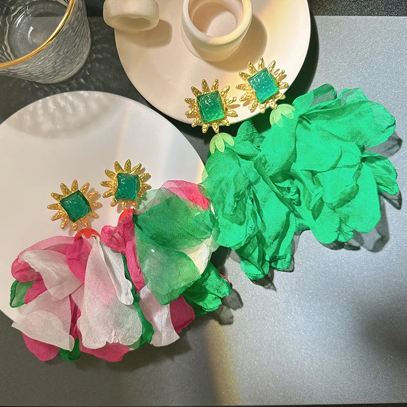 

Boho Statement Fuchsia White Green Cloth Creative Long Drop Women Beach Earring