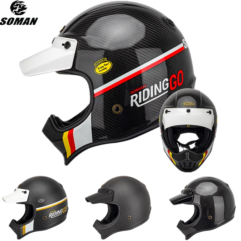 Casco De Moto profesional De fibra De carbono para hombre, De estilo Retro casco De Moto, DOT ECE, color negro