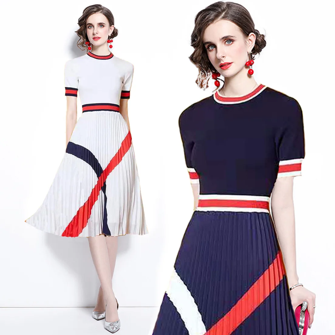 

New Fashion Women's Knited Dresses Summer Elegant Stitching Printed O-Neck Pleated Dress Short Sleeve Knee-length Slim Vestidos