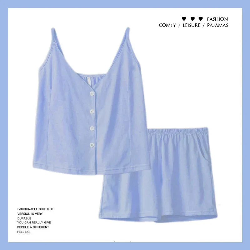 Summer Cotton Thin Pajamas Women'SSleeveless Shorts Lingerie Women'S 2 Piece Set Suspenders Sexy Home Wear Vest Woman Clothes