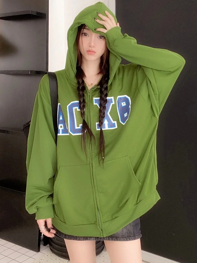

Зеленые толстовки на молнии в стиле Харадзюку, Женская Осенняя толстовка с капюшоном и надписью, корейский Кардиган, тонкое пальто, женская уличная одежда y2k