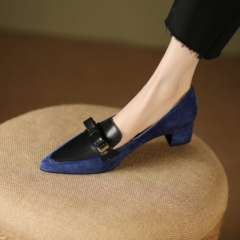 Pointed spring and autumn women's shoes stitching sheepskin bow square heel thick heel high heel zipper women's shoes