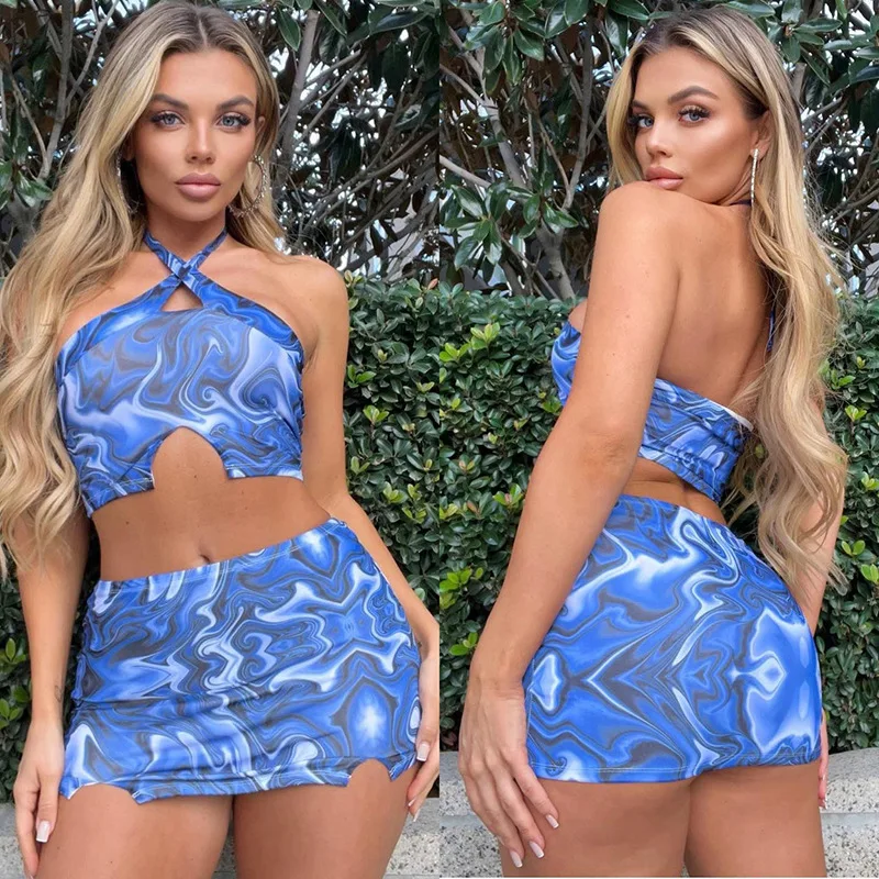 

Tie Dye Print Summer Halter Dress Set Women Outfits Bodycon Sexy Bandage Crop Top and Mini Skirts Two Piece Co-ord Sets Beach
