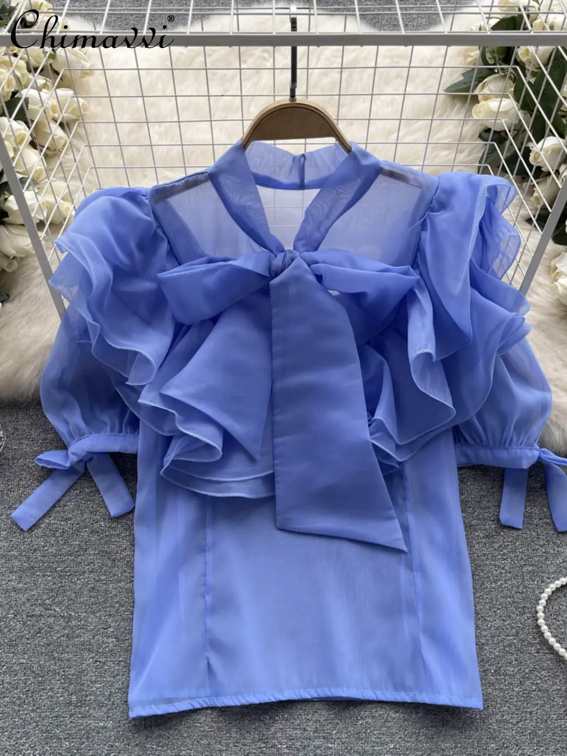 

Женская шифоновая блузка с оборками, тонкая элегантная рубашка во французском стиле, с завязками и бантом, в стиле пэчворк, с пышными рукавами, летняя одежда