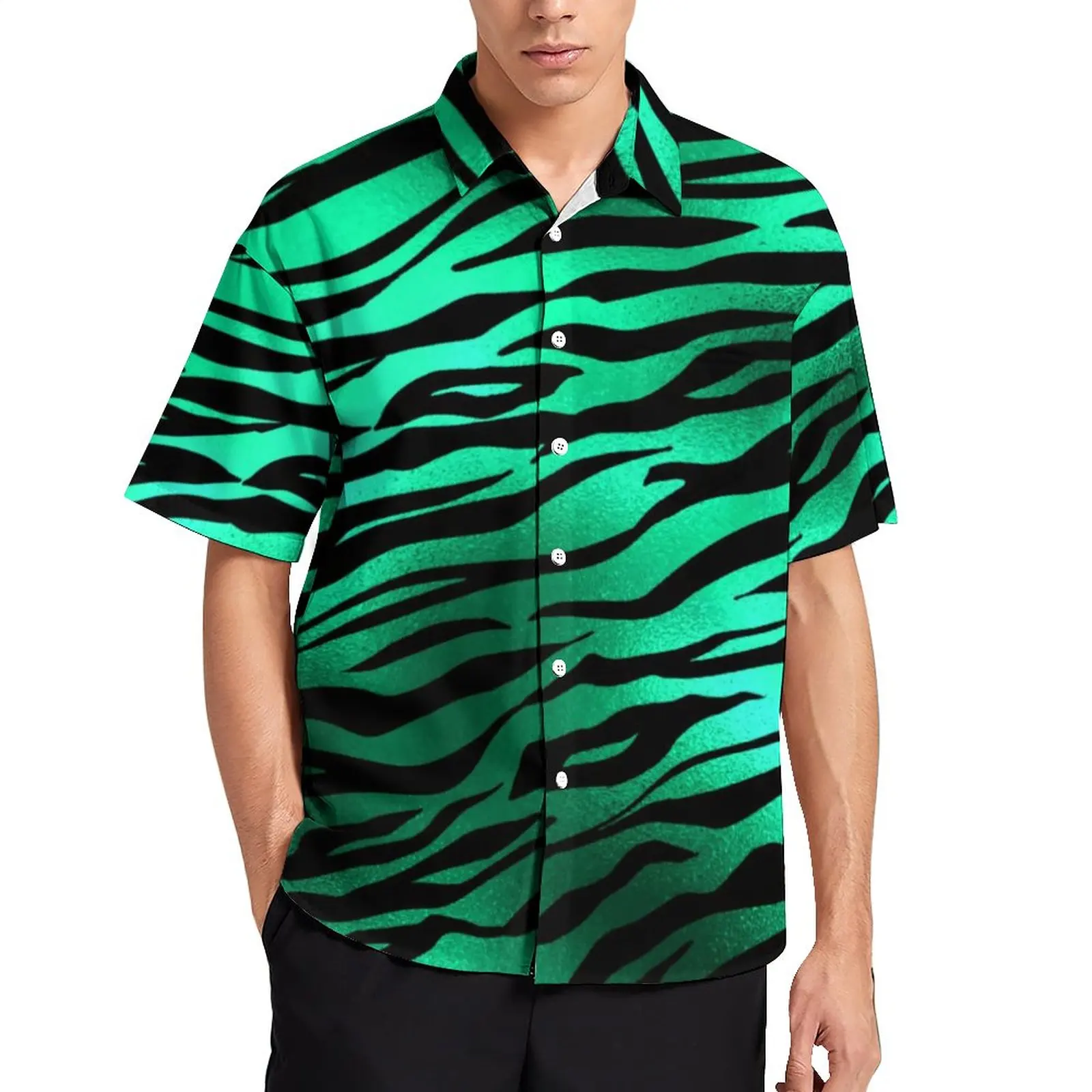 

Zebra Print Casual Shirts Green And Black Stripes Vacation Shirt Hawaiian Fashion Blouses Men Graphic Plus Size