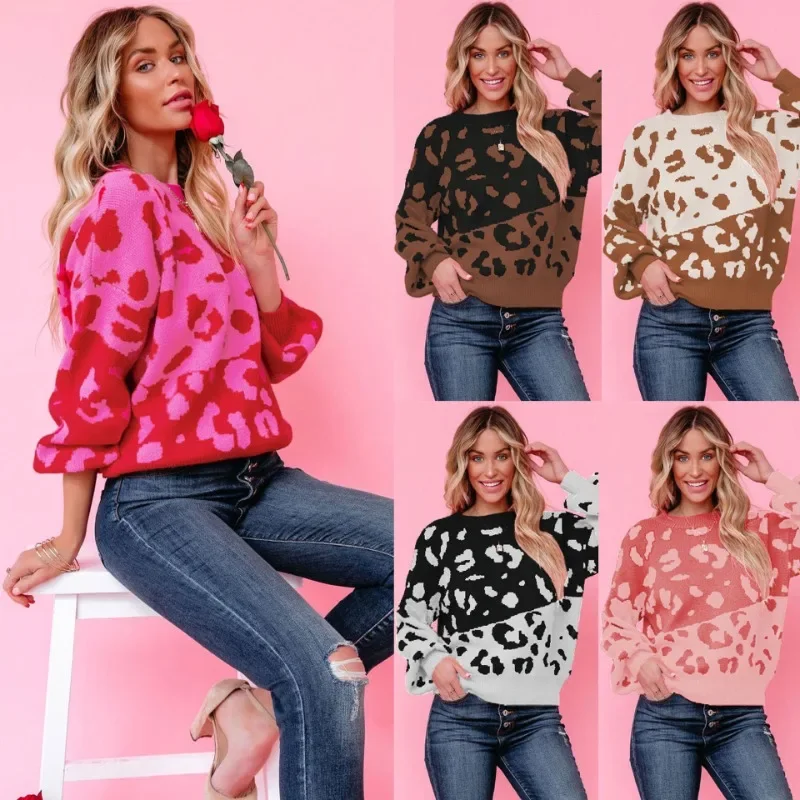 

2023 Winter Christmas Round Neck Two-Color Leopard Print Sweater Fashionable Women's Pullover Sweater for Women