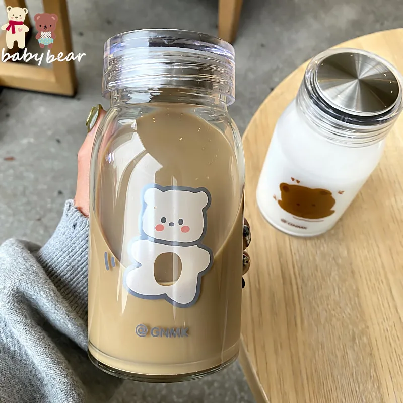 

450ml Bear Glass Water Bottle Cute Cartoon Thick Heat Resistance Drinking Bottles Milk Coffee Tumblers for Women Student