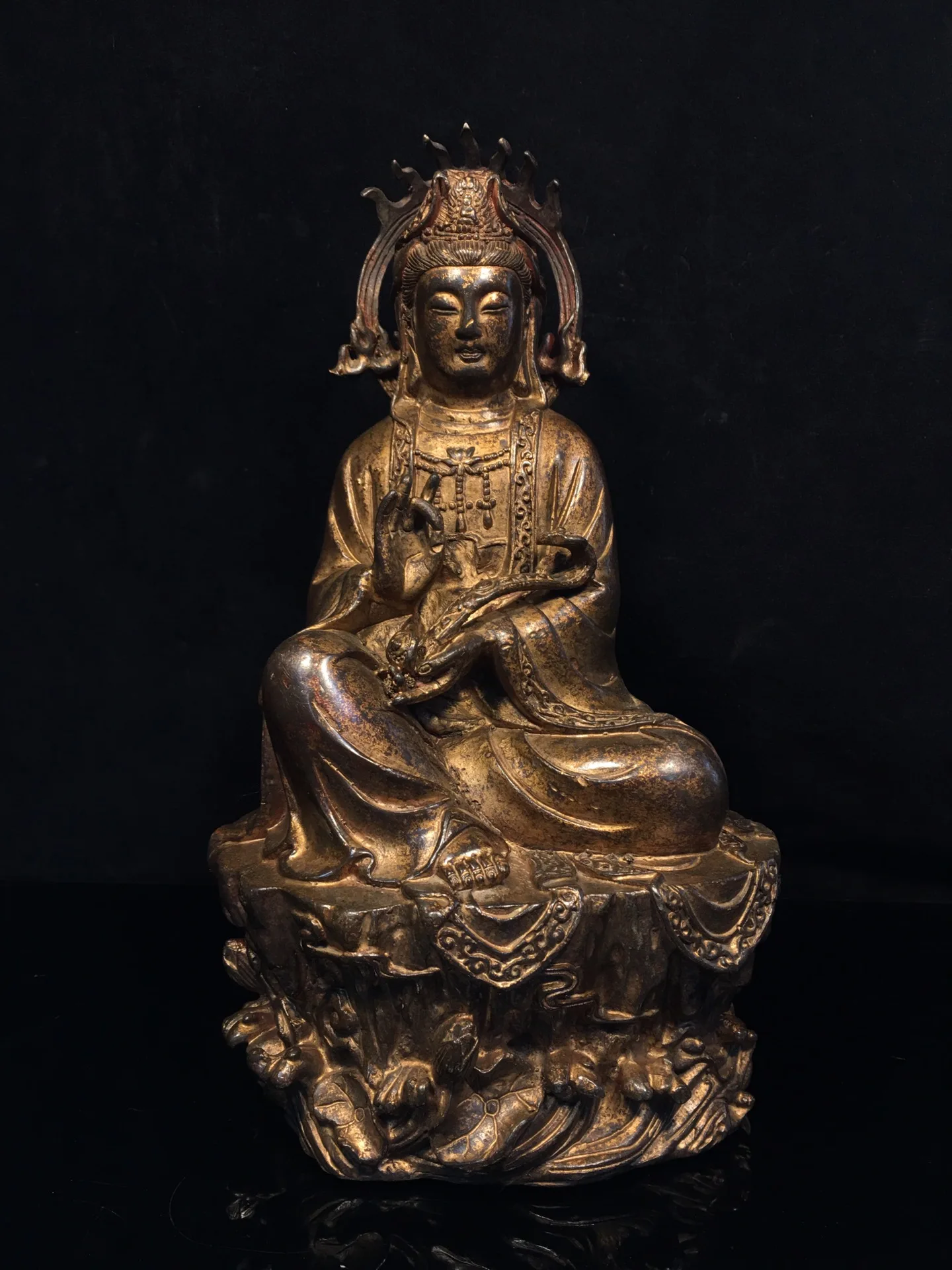 

11"Tibetan Temple Collection Old Bronze Cinnabar Flame Backlight Guanyin Bodhisattva Buddha Worship Hall Town House Exorcism