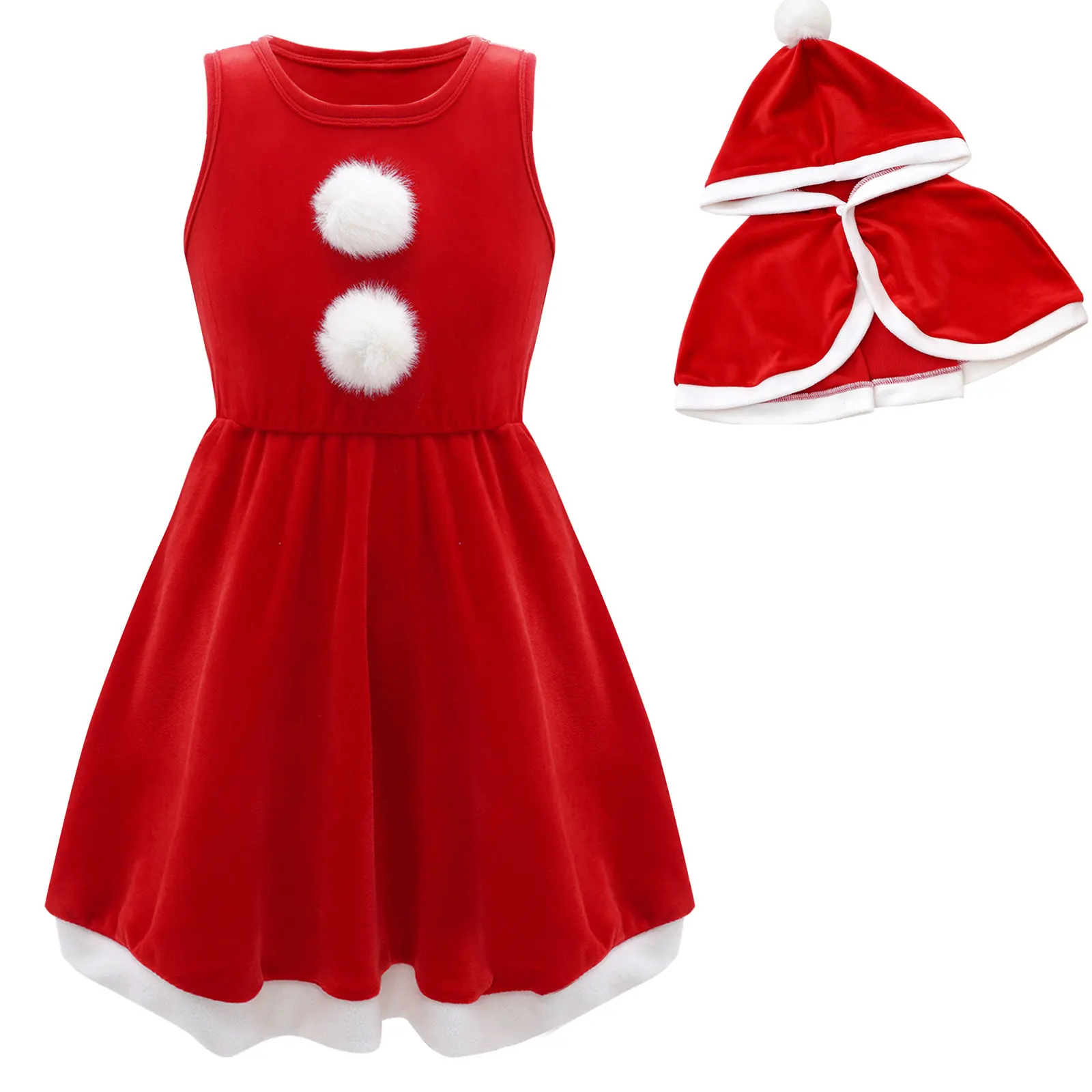 

Toddler Girls Christmas Santa Costume Sleeveless Dress with Hooded Shawls Party Dress Up Happy New Years Red Santa Claus Dress