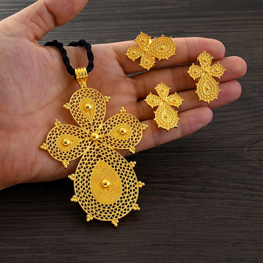 

Ethiopian Big Cross Jewelry Sets Pendant Chain Earrings Ring Gold Color African Eritrea Traditional Nuptial Goods