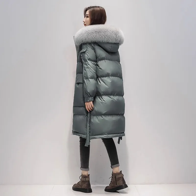 Женский пуховик с капюшоном длинная теплая парка на белом утином пуху воротником
