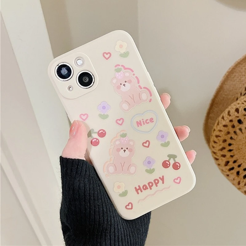 

Cute Cartoon Cherry flower bear Silicone Phone Case For iPhone 13 11 12 Pro Max MINI X XR XSMax 7 8Plus Fashion Sweet Soft Cover
