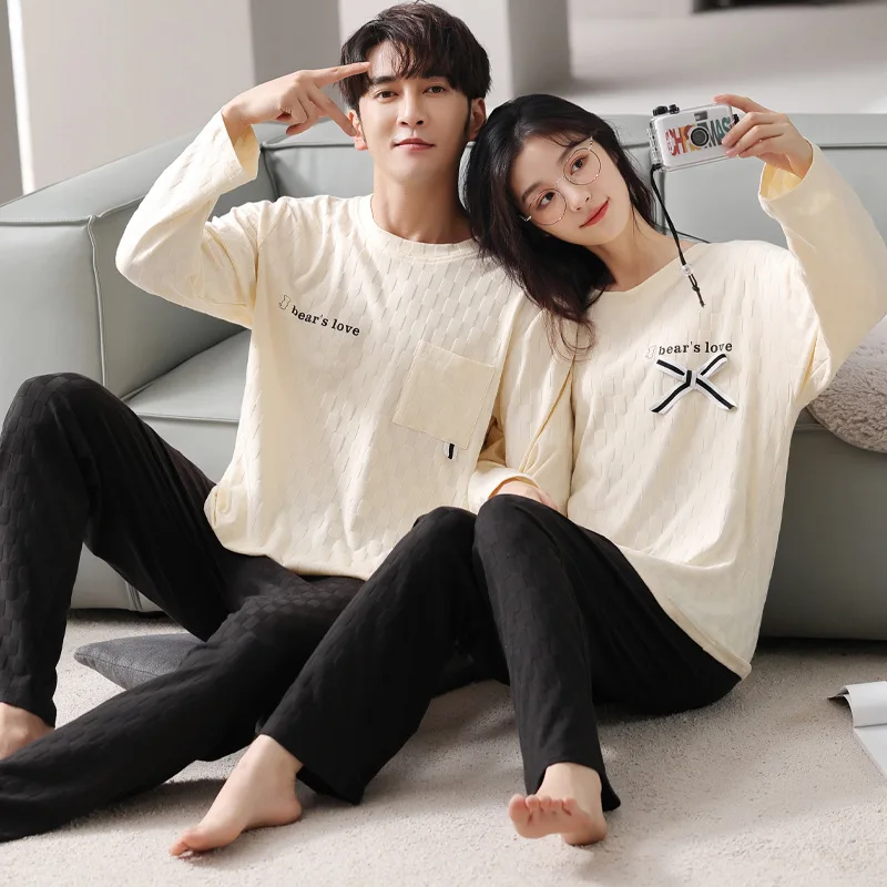 Yasuk Spring Autumn Women's Casual Soft Sleepwear Homewear Couple Pajamas Set With Pants Cotton Simple Solid Bow Unisex