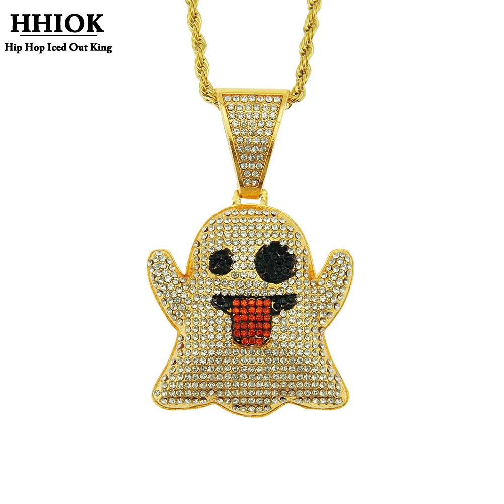 

Hip hop rhinestone paving bling bling cute funny tongue out ghost pendant necklace ladies men rap jewelry