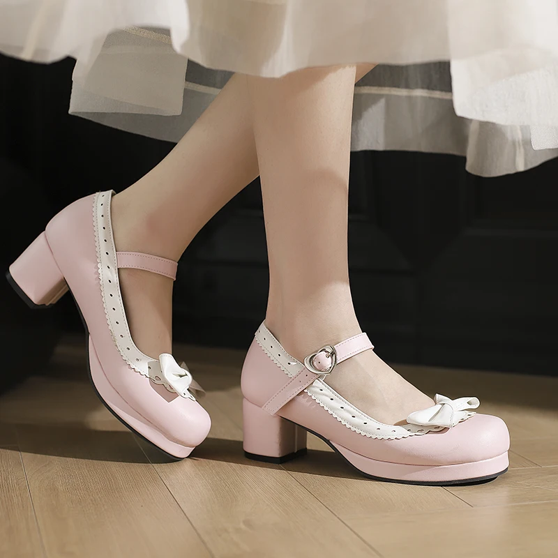Women's Platform Mary Jane Pumps with Mid Chunky Heel Dance Party Cute Lolita Cosplay Shoes Bowknot Delicate Lace Trim Plus Size