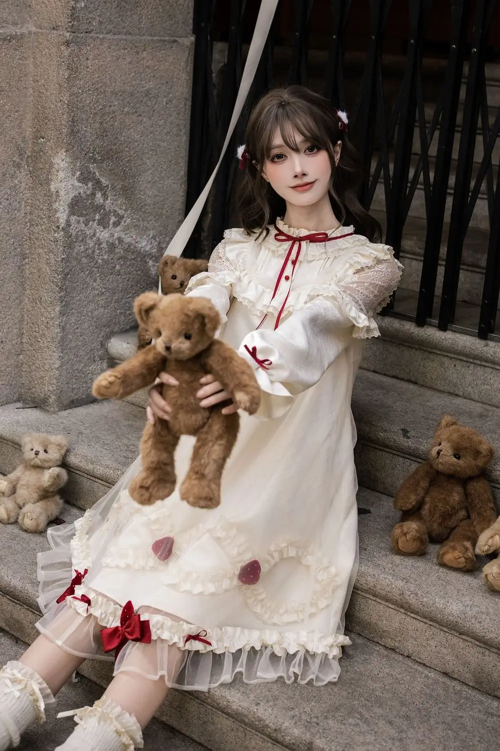Фото Женское платье Coalfell Sweet Strawberry Lolita OP с длинными рукавами, кружевом, рюшами и бантом, миди-платье в винтажном стиле, платье принцессы А-силуэта. №3