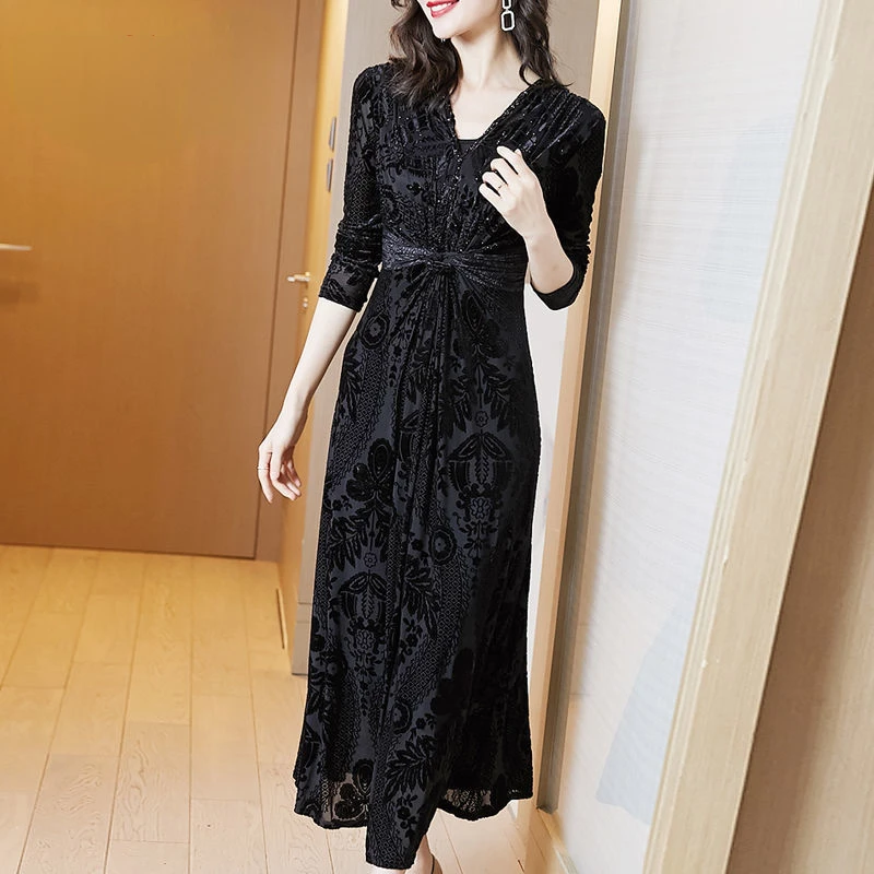 Spring Long Dress for Women Fashion V Neck Long Sleeve Print Dresses Autumn Large Shiring Casual Dress Elegant Maxi Dress K135