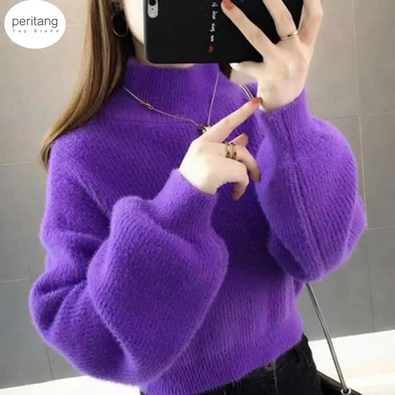 

Short Sweater Purple Solid Kawaii Soft Woolen Winter Girls Mohair Autumn Pullover Lantern Sleeves Loose Cashmere Velvet Knitted