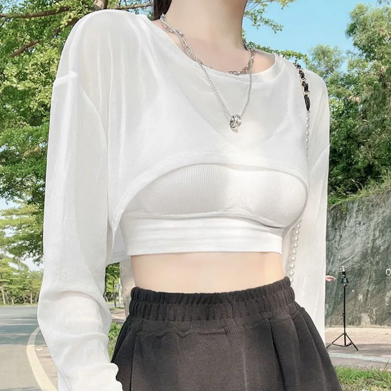 

Летняя короткая футболка с защитой от солнца для женщин, Корейская версия, новая свободная сетчатая тонкая танцевальная футболка с длинным рукавом