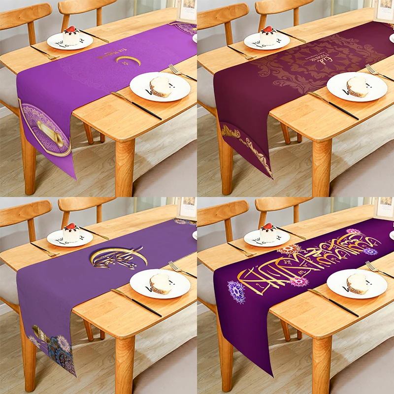 

Eid Mubarak Moon Ramadan Lantern Purple Brown Linen Table Runner Cloth Cover Anti-Slip Stain For Dinner Celebrate Party Decor