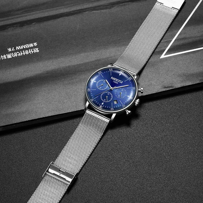 NIBOSI Mens Watches Casual Fashion Mesh Steel Strap Creative Waterproof Date Display Clock Male Luxury Watches Relogio Masculino enlarge