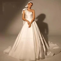 simple satin wedding gowns one shoulder bow elegant boho garden a line dress long court train sleeveless vestidos de novia 2022