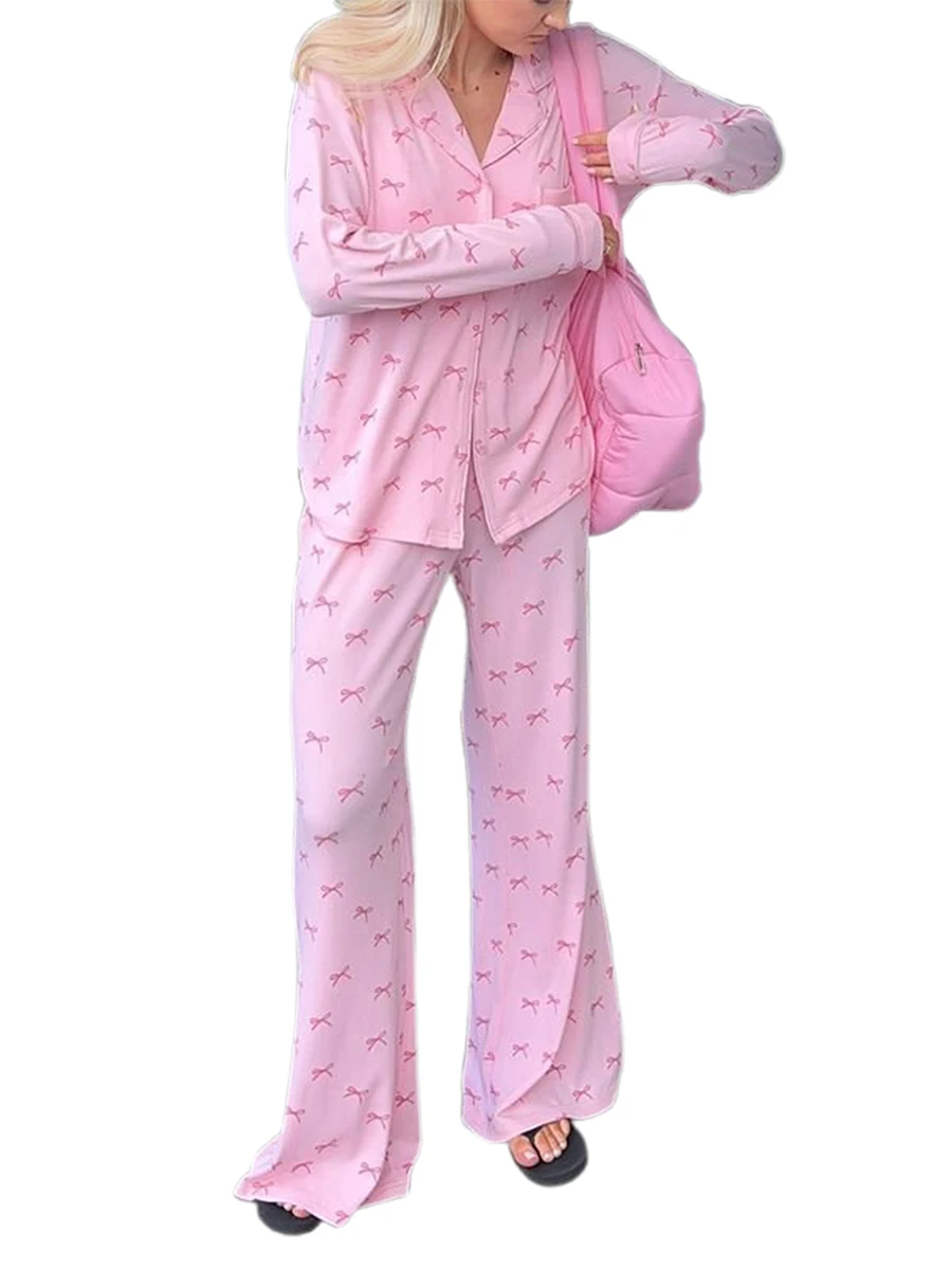 Женский пижамный комплект с бантом топы длинным рукавом и штаны одежда для сна
