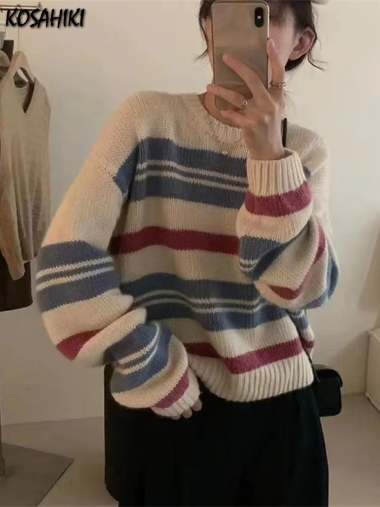 

Sueter Mujer Harajuku Kawaii Pullover Y2k Aesthetics Rainbow Striped Sweater 2023 Autumn Winter Casual Loose Knitted Jumpers