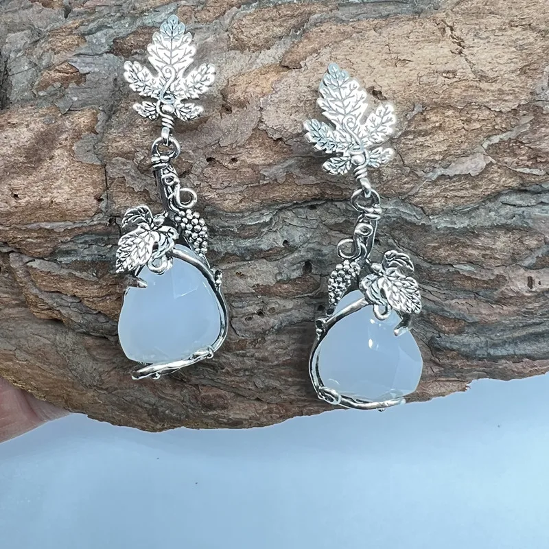 vintage water droplets white stone earrings silver color metal carved leaves long dangle earrings for women 6