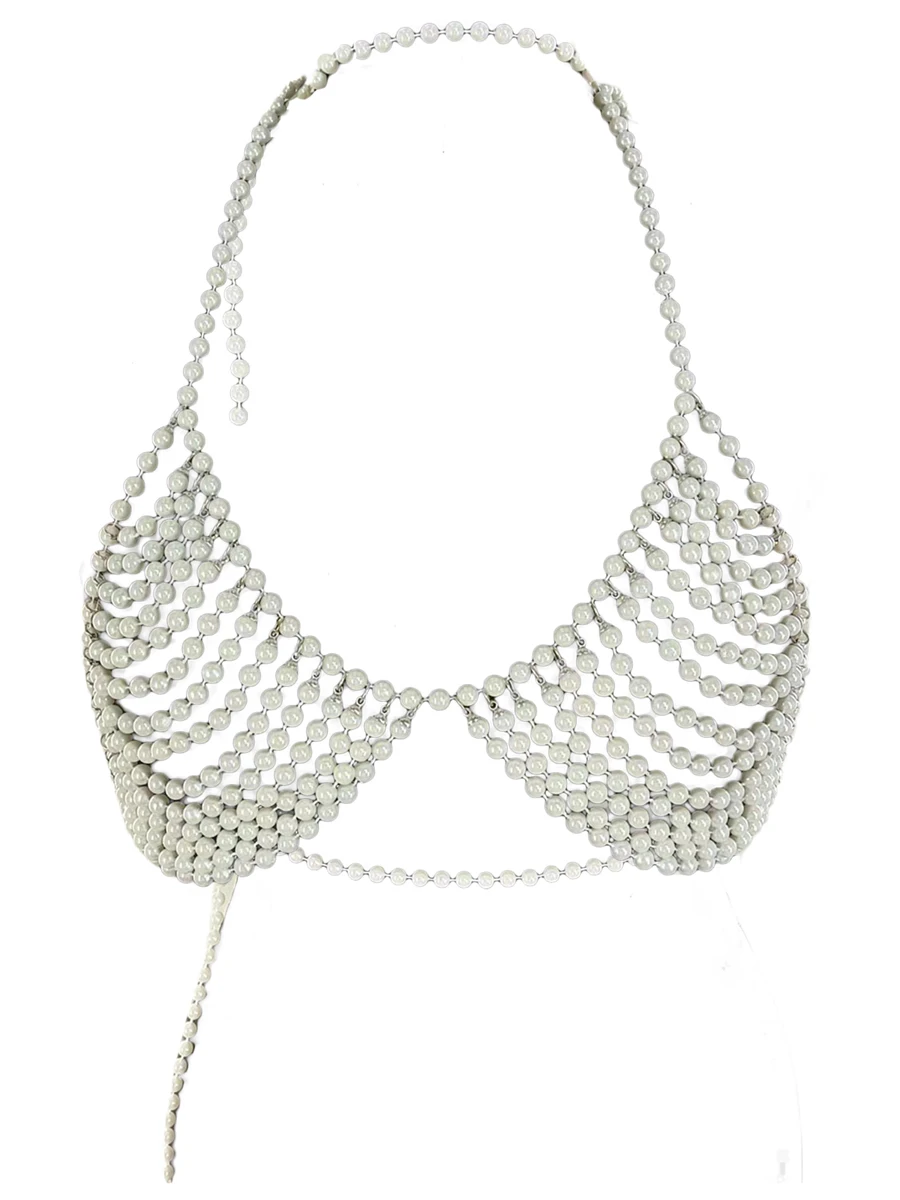 

Топ женский с цепочкой и жемчужинами, модный бюстгальтер без рукавов с бахромой и открытой спиной, кроп-топ с цепочкой, уличная одежда