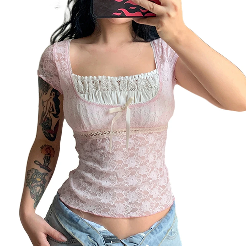 Sweet Women Lace Crop Tops Summer 2022 Patchwork Square Collar Short Sleeve Slim T Shirt Fairycore Clothes Cute E Girl Clothing