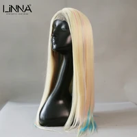 linna synthetic lace wigs for women long straight blonde pink wig high temperature fiber average size swiss lace cosplay wigs