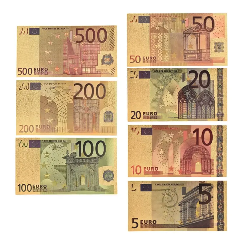 

7pcs/set 5 10 20 50 100 200 500 EUR Gold Banknotes in 24K Gold Fake Paper Money for Collection Euro Banknote Sets
