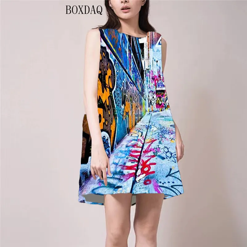 

Loose Casual Oversized Women 3D Dresses Summer Street Hand-Painted Graffiti Printing Ladies Mini Dress Sleeveless Short Dress