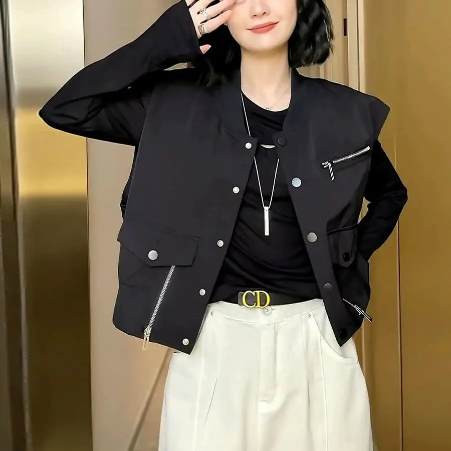 

Женский Повседневный жилет, черная свободная короткая куртка без рукавов на молнии, весна-лето 2023