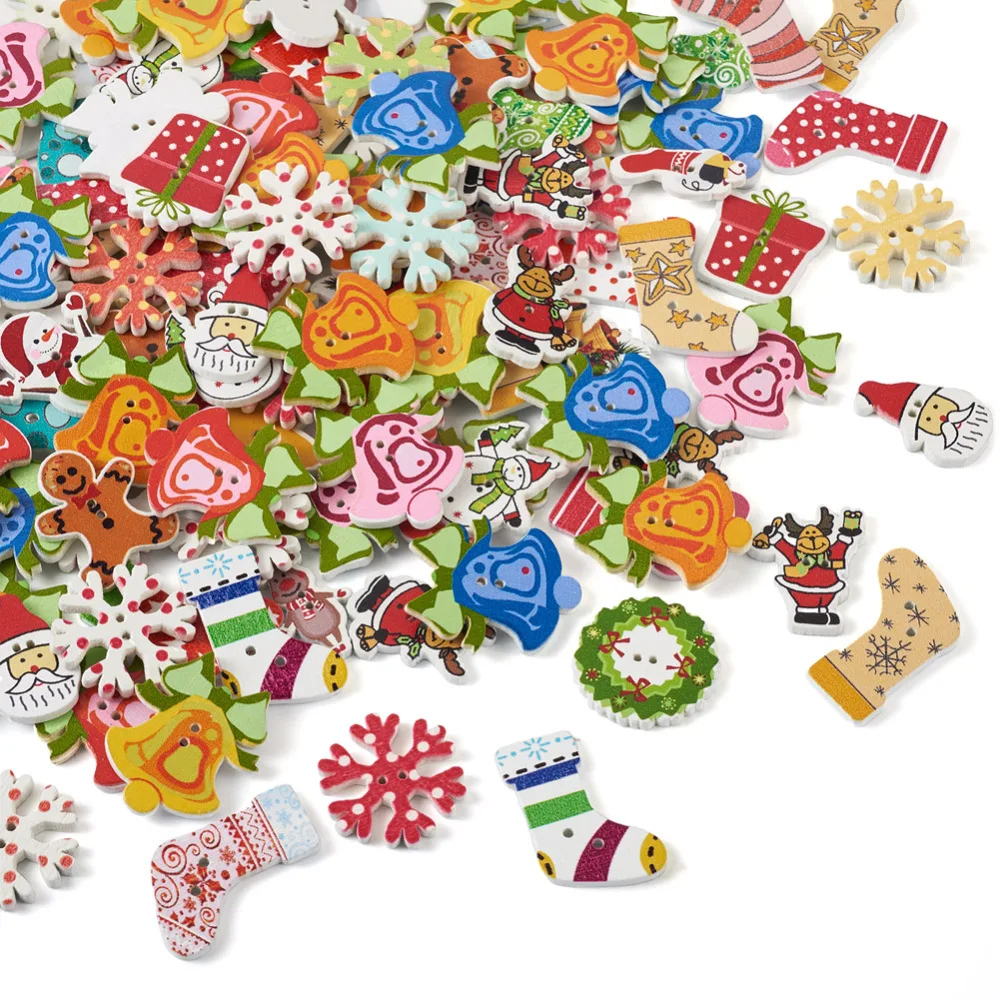 

200pcs Christmas Wood Buttons Christmas Santa Tree Bell Sock Snowflake Deer 2 Holes Wooden Buttons Knitting Clothes DIY Decor