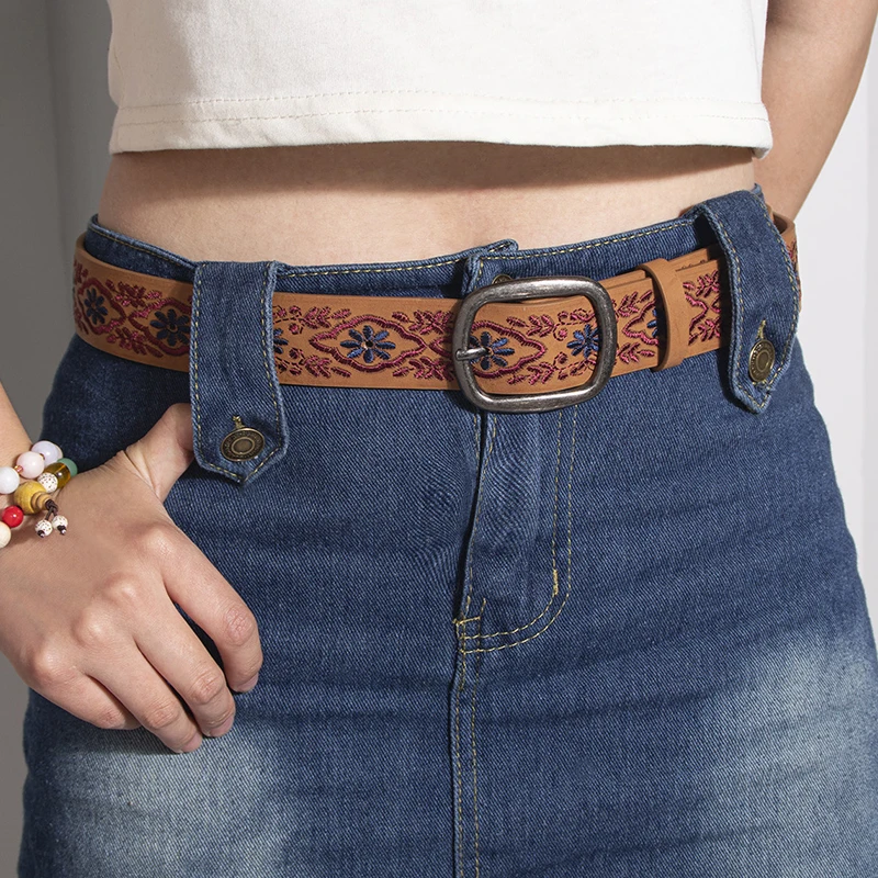Vintage Embroidered Pu Belt For Women Ethnic Luxury Designer Buckle Waist Strap Female Jeans Trouser Dress Waistband