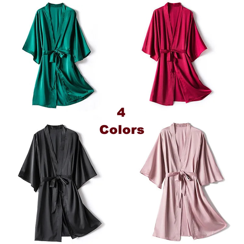 

Bathrobe Cardigan 4 Colors Robe Nightgown Sleep Dress Kimono Ice Silk V Neck Kimono Long Sleeves Home Clothes Morning Gown