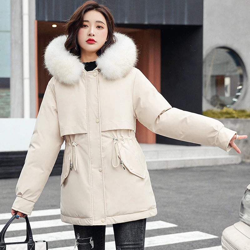 Winter Thicken Parkas Women 2022 Fur Collar Hooded Warm Padded Jackets Casual Slim Belted Mid Long Coats Female Clothing Outwear