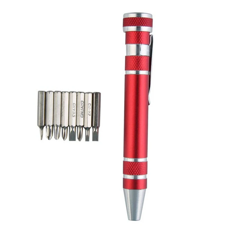 

8-in-1 Four Colors Available Multi-purpose Screwdriver Aluminum Alloy Removal Pen Tool Slotted Cross Screwdriver