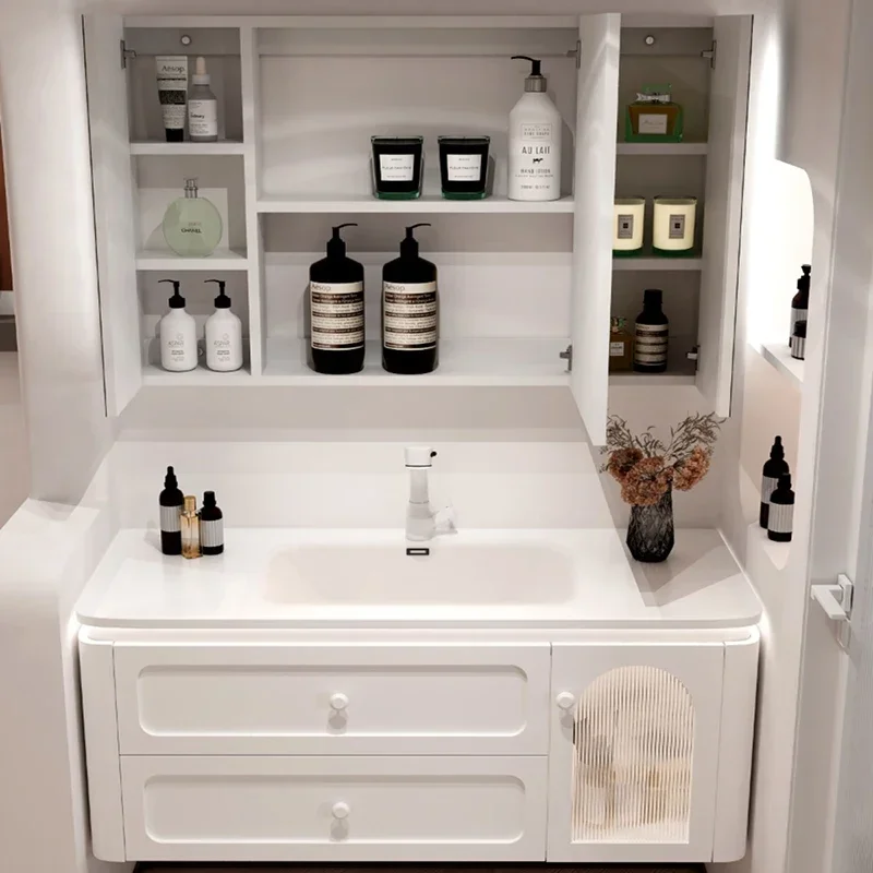 Фотообои для стен с двойной раковиной и выдвижными ящиками