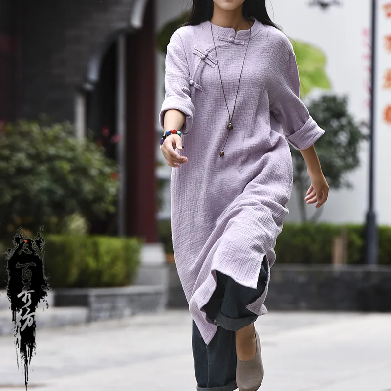 

5 Colors Chinese Style Robe For Women Retro Cotton Linen Oblique Button Loose Long Dresses Elegant Casual Long Sleeves Tang Suit