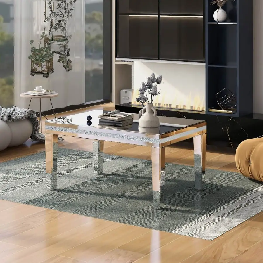 

Modern Glass Mirrored Coffee Table, Easy Assembly Cocktail Table with Crystal Design and Adjustable Height Legs, Silver