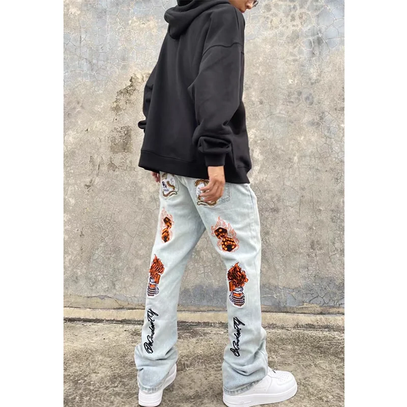 Streetwear Men High Street Hip-hop Back Embroidered Jeans 2022 New Style Versatile Elastic Pencil Pants Autumn and Winter Women
