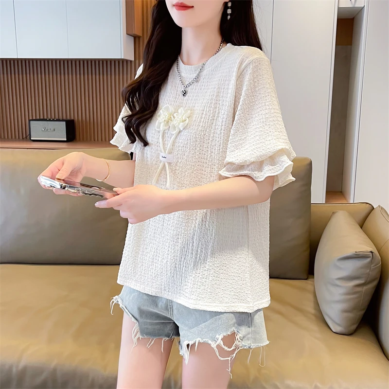 Модель 2024 года Универсальный однотонный Свободный Топ с круглым вырезом женская